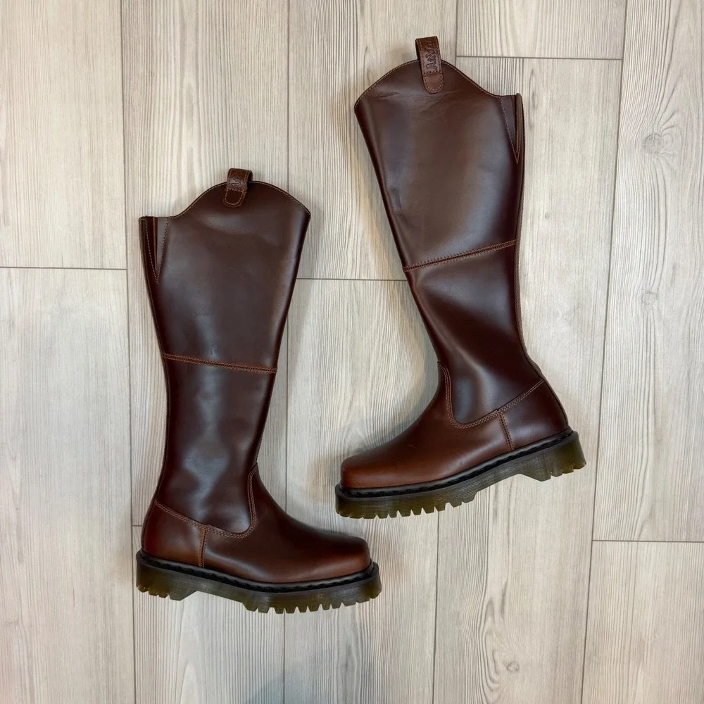 NEW Dr. Martens Amaayah Hi Dark Brown Leather Tall Platform Boots Square Toe 8
